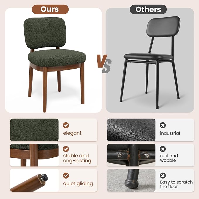 Wooden Dining Chairs Set of 6, Boucle Upholstered Kitchen Chairs with Solid Wood Legs, Mid Century Modern Dining Chairs, Farmhouse Side Chair with Hardwood Frame for Dining Room, Green
