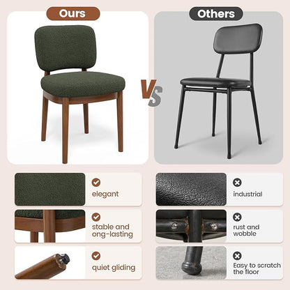 Wooden Dining Chairs Set of 6, Boucle Upholstered Kitchen Chairs with Solid Wood Legs, Mid Century Modern Dining Chairs, Farmhouse Side Chair with Hardwood Frame for Dining Room, Green