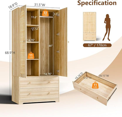 VINGLI Wardrobe Closet with Doors, Rattan Armoire Wardrobe Closet with Drawers & Hanging Rod, Wooden Armoire for Hanging Clothes, Natural Oak, 68.9" H
