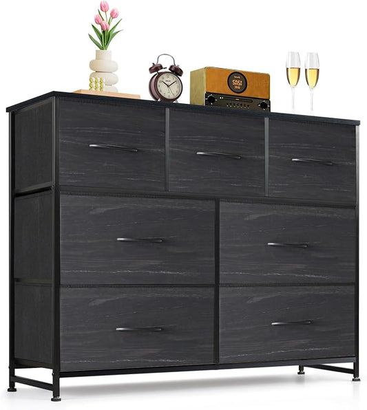 7-Drawer Dresser for Bedroom, Anti-Tip Wide Storage Organizer Fabric Chest of Drawers TV Stand for 45" TV with Wooden Top and Metal Frame for Closet, Living Room, Hallway, Entryway, Charcoal Black