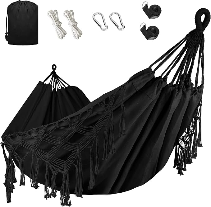 Bellzacasa Double Hammock, Heavy Duty 500 lb Load Capacity Tassels and Fishtail Knitting Portable Camping Hammocks with Mounting Straps for Outdoor Camping Patio Balcony Black