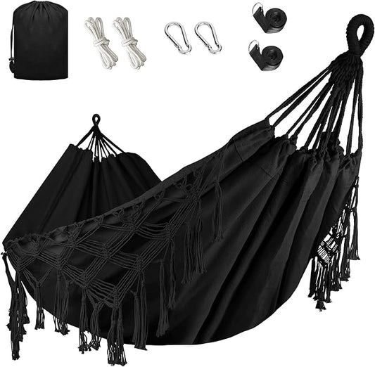 Bellzacasa Double Hammock, Heavy Duty 500 lb Load Capacity Tassels and Fishtail Knitting Portable Camping Hammocks with Mounting Straps for Outdoor Camping Patio Balcony Black