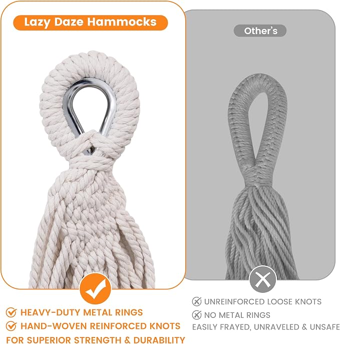 Lazy Daze Hammocks Double Brazilian Cotton Hammock, Extra Large Portable Outdoor Camping Hammock with Tree Straps & Travel Bag for Backyard Patio Poolside Indoor, 550lbs Capacity, Brown & White