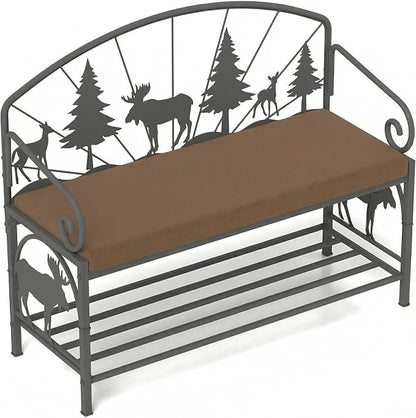 Bluecat 41.3" Entryway Shoe Bench,Rustic Metal with Forest Design, Padded Cushion Shoe Rack Bench for Hallway, Foyer, Cabin, Farmhouse Decor, Easy Assembly