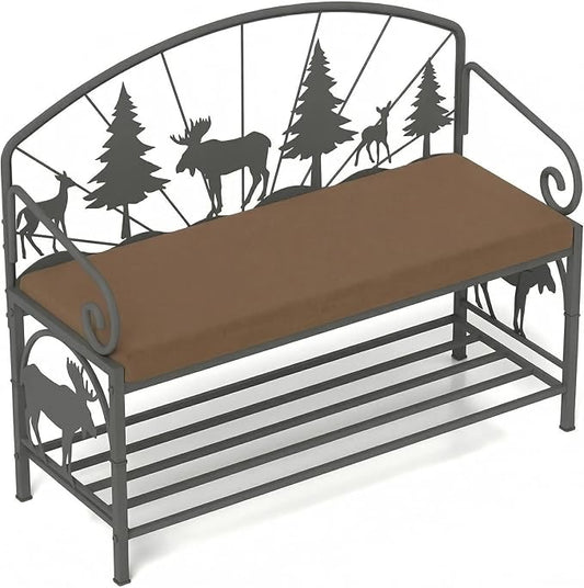 Bluecat 41.3" Entryway Shoe Bench,Rustic Metal with Forest Design, Padded Cushion Shoe Rack Bench for Hallway, Foyer, Cabin, Farmhouse Decor, Easy Assembly