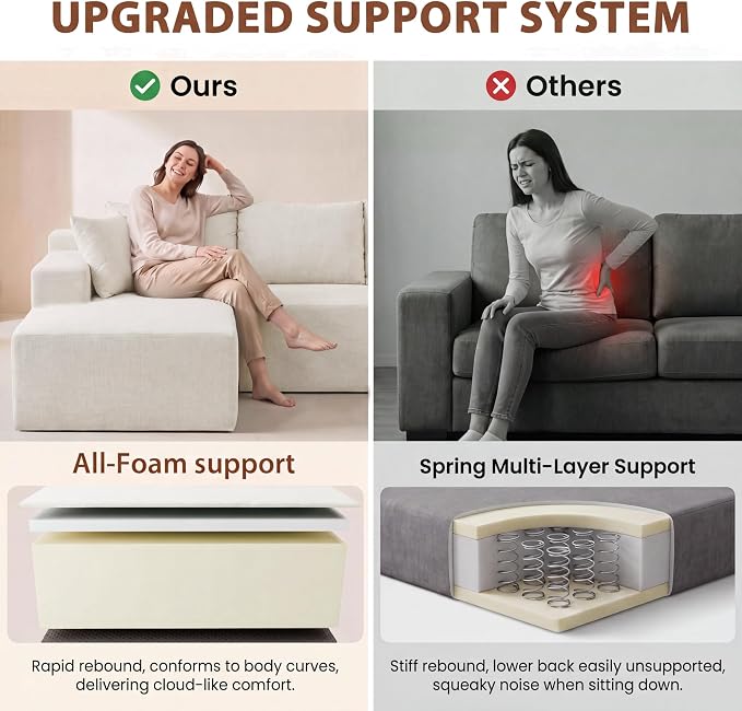 Homall 110" Boneless Sectional Couch, Modular Sectional Sofa L-Shape Couch with Deep Seat, Cloud Comfy Boneless Couch for Living Room, No Assembly Required (Chenille, Beige)