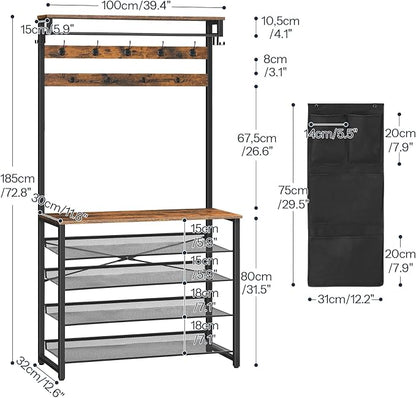 HOOBRO Hall Tree with Bench, Entryway Coat Rack with Shoe Rack, 39.4" Shoe and Coat Rack, 5 Tier Shoe Storage Organizer with Oxford Fabric Side Pockets, Adjustable Mesh Shelves, Rustic Brown BF76MT01