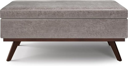 SIMPLIHOME Owen Lift Top Coffee Table Storage Ottoman - 42 inch Wide Upholstered Vegan Leather Rectangular Lift-Top Ottoman in Distressed Grey Taupe, Mid-Century Modern Ottoman for Living Room