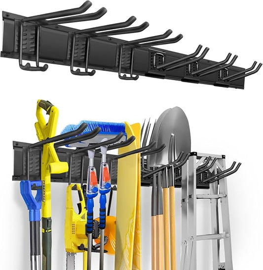 Garage Tool Organizer Wall Mount, Heavy Duty 48 Inches Garage Organization and Storage Racks for Yard Tools with 6 Hooks, Tool Hangers Holders for Hanging Folding Chair, Rake and Shovel