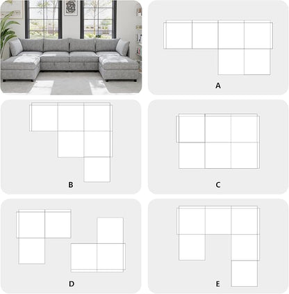 129-Inch U-Shaped 6 Seat Modular Sofa Deep Seat Storage Sectional Sofa Couch Free Combination with Movable Ottomans ,6 Seat Chenille Upholstered U-Shaped Convertible Sleeper Couch for Home Apartment | Space Saving