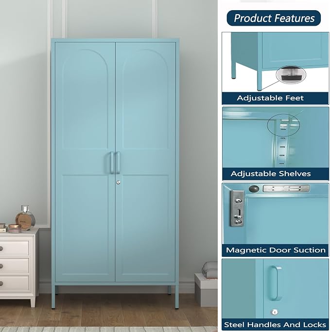 Lockable Metal Wardrobe Closet with Hanging Rod and 3 Adjustable Shelves,67" Metal Storage Cabinet with 2 Doors,Steel Armoire Wardrobe Closet for Bedroom Living Room Cloak Room (Blue)