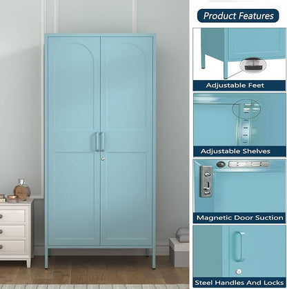 Lockable Metal Wardrobe Closet with Hanging Rod and 3 Adjustable Shelves,67" Metal Storage Cabinet with 2 Doors,Steel Armoire Wardrobe Closet for Bedroom Living Room Cloak Room (Blue)