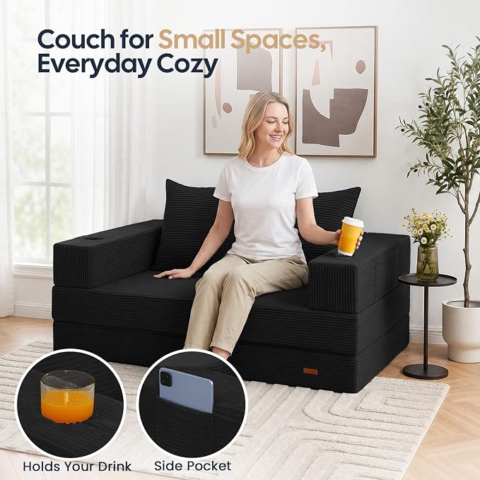 COMAX Futon Sofa Bed, Convertible Sofa Bed, Folding Boneless Couches | Boneless Couch for living room, 4‑in‑1 Fold Out Small Foldable Loveseat Floor Sleeper Mattress Lounge Space‑Saving, Black