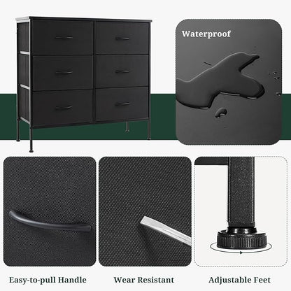 6-Drawer Dresser for Bedroom, Anti-Tip Wide Storage Organizer Chest of Drawers with Wooden Top and Metal Frame Fabric Bins for Closet, Living Room, Hallway, Entryway, Black