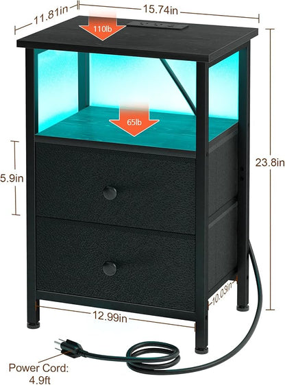 LOAKEKEL LED Night Stand with Charging Station, Small Bedside Table with USB Ports & Outlets, 2 Fabric Storage Drawers with PU Finish for Bedroom, Black, HETS02BK-1