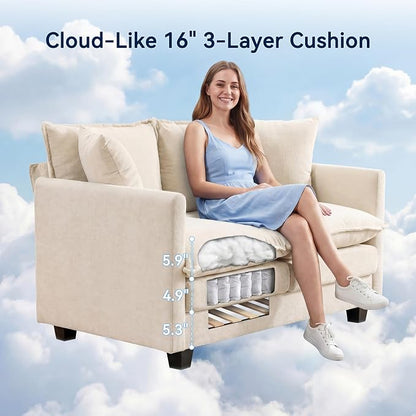 Loveseat Sofa Couch, Small Mini Compact 50" Love Seat 27" Deep Cloud Sofa Seat Washable Chenille Pillow for Apartment Bedroom Dorm Attic Studio Office Living Room Small Space 8833-BEIGE