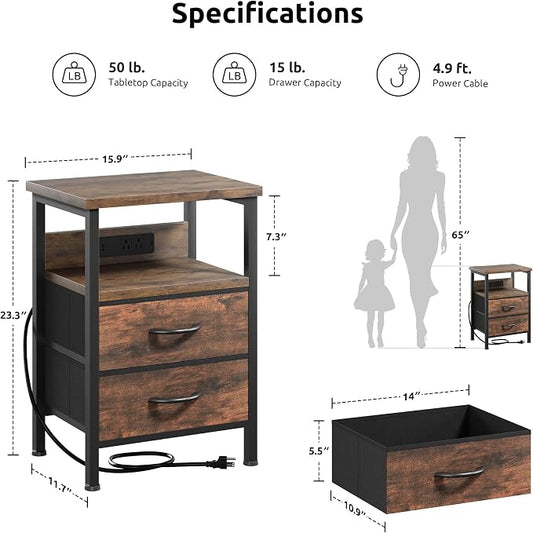 Lazzanto NightStand Bedside Charging Table Bedroom - Brown Night Stand with Charger Station, Modern Bed Side End Table with Open Shelf & 2 Fabric Drawers, USB-C Port for Dorm, Living Room