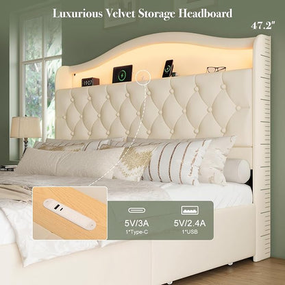Queen Size Bed Frame and Headboard & 4 Storage Drawers, Upholstered Platform Bed Frame with RGB LED Lights & Charging Station, No Box Spring Needed, Easy Assembly, Noise-Free, Beige