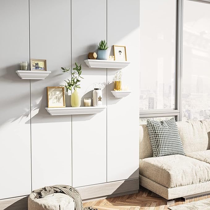 SRIWATANA White Floating Shelves, 24 Inch Solid Wood Storage Wall Shelves Set of 4 Display Ledge Shelves Decor for Bedroom, Living Room, Bathroom, Kitchen