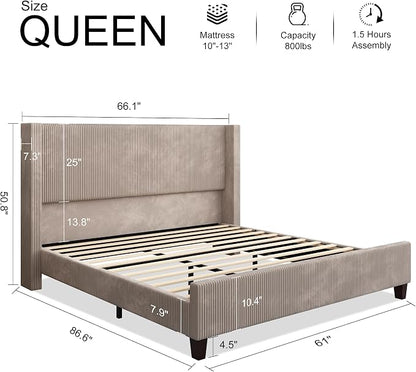 HOWE Queen Size Bed Frame with 50.8 Inch Corduroy Wingback Headboard, Taupe | Modern Upholstered Platform Bed, Solid Wood Slats, No Box Spring Needed, Noise-Reducing Design