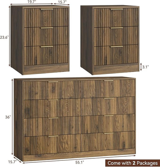 8 Drawer Dresser & 3 Drawer Nightstand Set 3-Piece, Tall Fluted Dresser and Night Stand Set of 2 with Metal Handle, Modern Wood Chest of Drawers Storage Dressers Set for Bedroom, Walnut