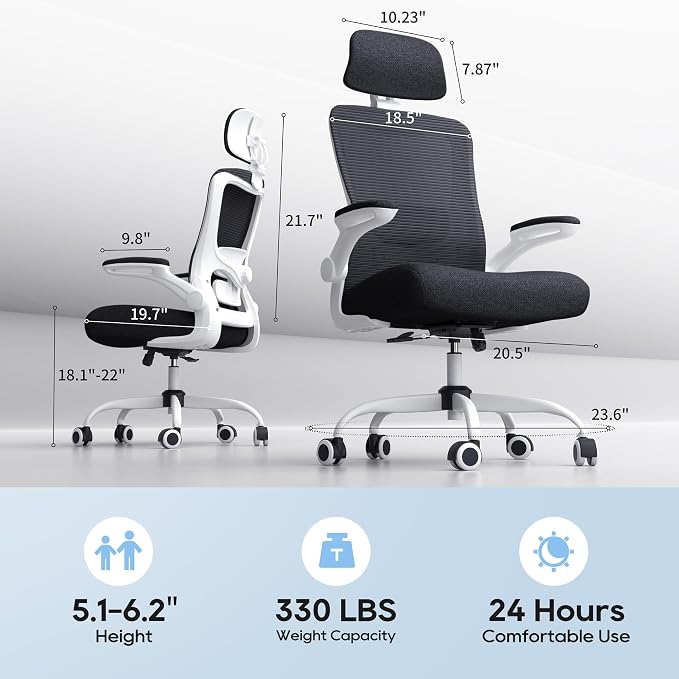 Ergonomic Office Chair for Long Hours, Padded Lumbar Support for Lower Back Relief, 330 lb Capacity, Comfortable Computer Desk Chair for Home Office, Computer & Study