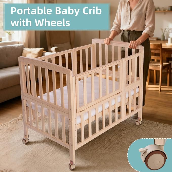 Flwrgirl Mini Baby Crib with Mattress,Portable Bedside Bassinet Sleeper,5 Adjustable Heights,Wood Nursery Crib with Locking Wheels,Compact Baby Bed for Newborns Infants,Unpainted
