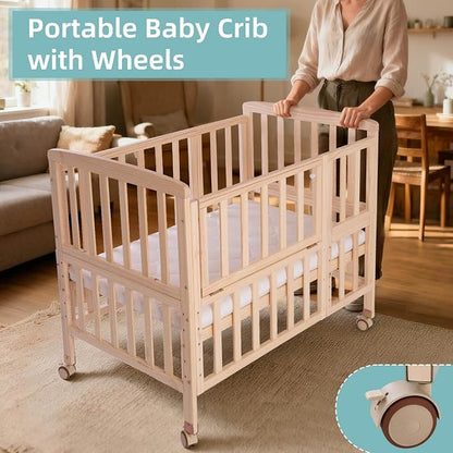 Flwrgirl Mini Baby Crib with Mattress,Portable Bedside Bassinet Sleeper,5 Adjustable Heights,Wood Nursery Crib with Locking Wheels,Compact Baby Bed for Newborns Infants,Unpainted