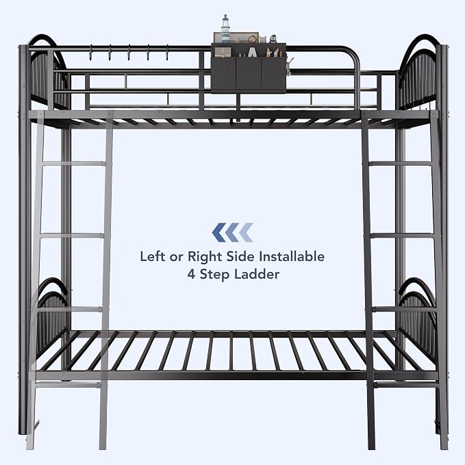 Decofy Metal Bunk Bed Twin Over Twin with Storage Bag, 2 Twin Size Beds with Safety Guard Rails and Anti-tip Nails for Teenager，Girls or Boys （Black） | Convertible Ladder