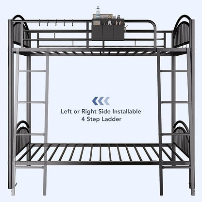Decofy Metal Bunk Bed Twin Over Twin with Storage Bag, 2 Twin Size Beds with Safety Guard Rails and Anti-tip Nails for Teenager，Girls or Boys （Black） | Convertible Ladder