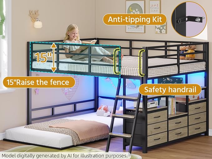 busyaeh Bunk Bed Full Over Twin,Low Bunk Bed with 8 Drawers & 4 Shelves | Bunk bed with Desk,15" H Safety Guardrail,& LED Lights and Charging Station,L-Shaped Bunk Beds with Stairs, Oak Gray