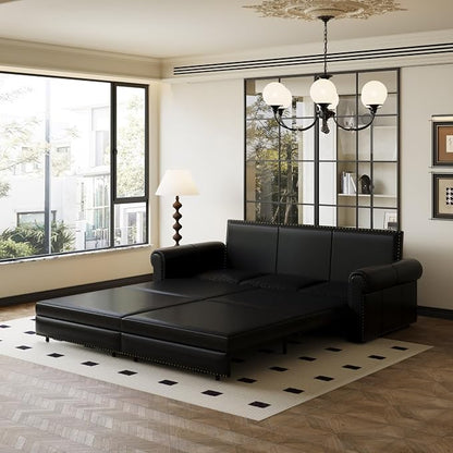 93.7" King Pull Out Sofa Bed, Faux Leather Sleeper Sofa Couch, 3 in 1 Convertible Futon Couches for Living Room, Small Space, Apartment, Office, Bedroom, Modern Rivet Armrest, Black