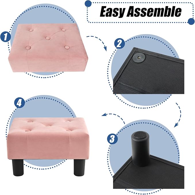 BRIAN & DANY Small Foot Stool, Velvet Foot Stools with Legs, Stable Small Footstool for Living Room, Pink