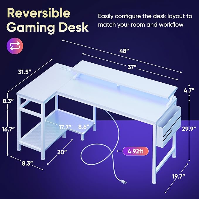DUMOS Gaming Desk, Computer Desk with USB Charging Ports Power Outlets Type-C LED Lights Reversible L Shaped Workstation with Storage Shelves Monitor Stand for Home Office Gaming Room White 48IN