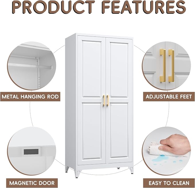 SteeLoong Metal Wardrobe Closet,71" H Wardrobe Cabinet with 2 Doors,White Clothing Storage Cabinets with Hanging Rod and 3 Adjustable Shelves,Armoire Wardrobe Closet for Home Office,School,Gym