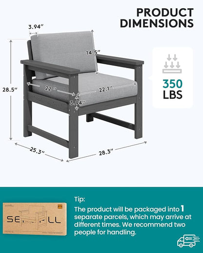 SERWALL 2 Pieces Single Cushioned Sofa Armchair, Grey HDPE Adirondack Outdoor Sofa Lounge with Grey Cushion