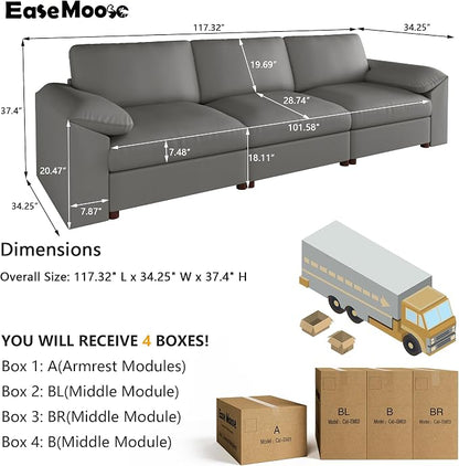 EASE MOOSE 3 Seater Deep Seat Sectional Sofa, Scratch Resistant Faux Leather Material, Oversized Modular Couch for Living Room,Modern Comfy Sofas for Small Spaces,Grey