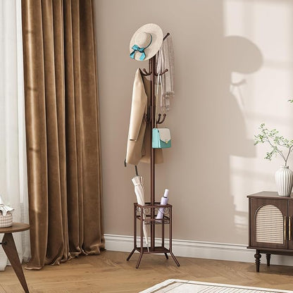 ELYKEN Coat Rack Freestanding, Metal Coat Rack with Umbrella Holder | 12 Hooks, Square Base, Heavy Duty Floor Standing Coat Tree for Entryway, Hallway, Living Room, Bedroom, Office, Brown