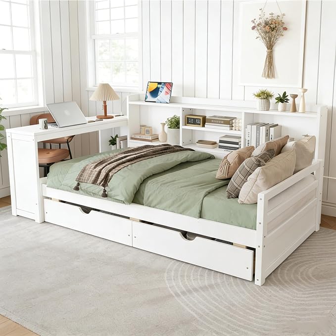 Bellemave Twin Size Corner Bed Frame with Storage Drawers and Desk,Captain L-Shaped Daybed with Bookcase,Corner Bed Frame Twin Size with Charging Station for Kids,Teens,Guests,White