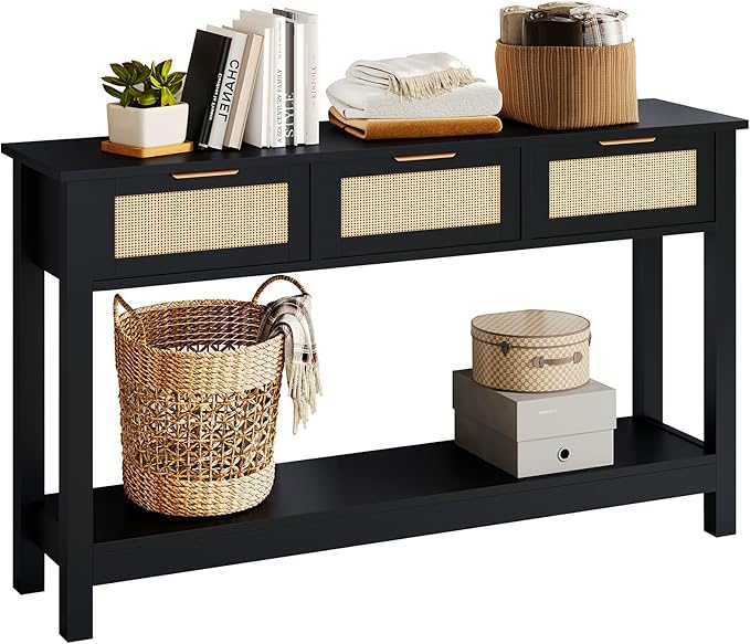 Entryway Table with 3 Drawers, Boho Rattan Console Table with Storage Shelf | Narrow Sofa Table Behind Couch for Hallway, Foyer & Living Room, 47" Wood Accent Table, Easy Assembly, Anti-Tip, Modern Black