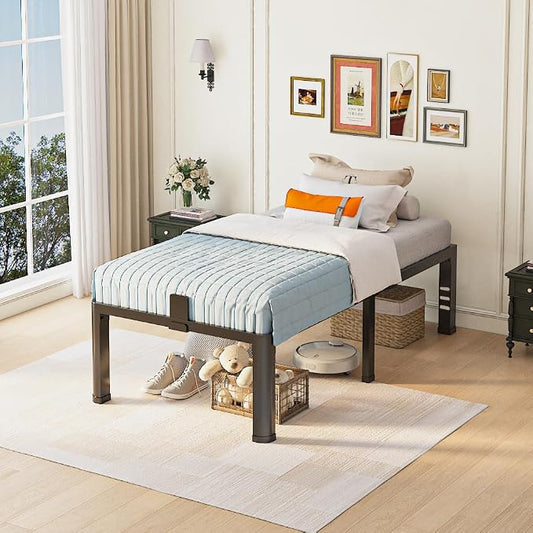 Yitong Angel 18 inch Twin Bed Frame with Rounded Corner Legs and Headboard Hole Mattress Slide Stopper 3500 LBS Heavy Duty Support Metal Platform,No Box Spring Needed, Noise Free, Easy Assembly