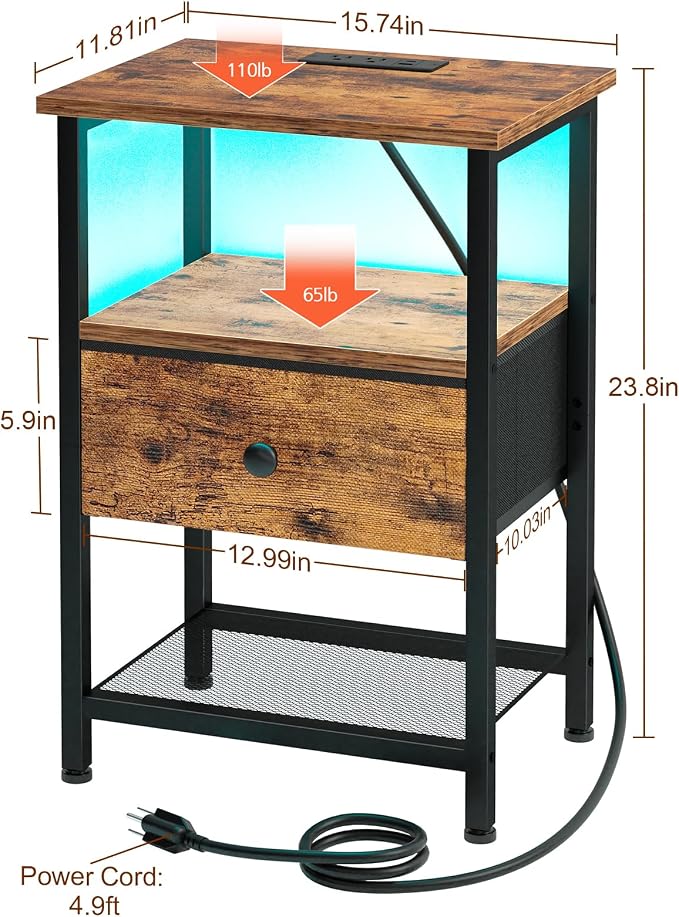 LOAKEKEL Nightstand with Charging Station, End Table with Fabric Drawer, LED Night Stand for Bedroom, Small Bed Side Table with USB Ports and Outlets, Brown, HETS01BR-1