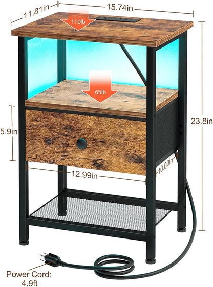 LOAKEKEL Nightstand with Charging Station, End Table with Fabric Drawer, LED Night Stand for Bedroom, Small Bed Side Table with USB Ports and Outlets, Brown, HETS01BR-1