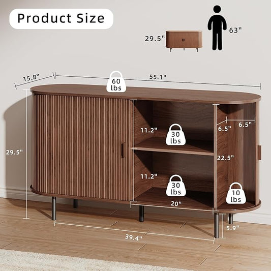 Buffet Sideboard Cabinet with Storage, 55" Fluted Cabinet with Sliding Door & Adjustable Shelf, Modern Accent Coffee Bar Console Table for Kitchen, Entryway, Walnut