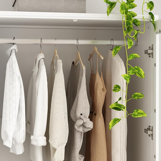 WOODTIME Wardrobe Closet with Hanging Rod, 3 Framed Drawers & 2 Glass Doors, Modern Wooden Armoire, Clothes Storage Cabinet Organizer for Bedroom Apartment, White