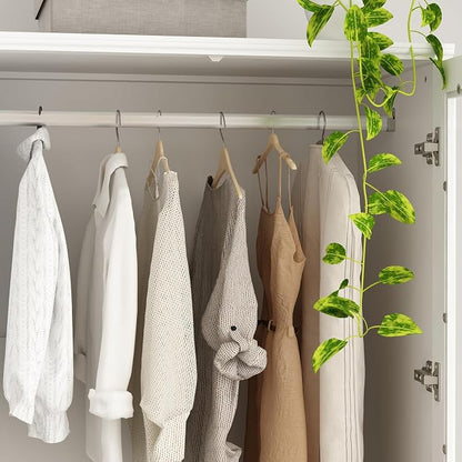 WOODTIME Wardrobe Closet with Hanging Rod, 3 Framed Drawers & 2 Glass Doors, Modern Wooden Armoire, Clothes Storage Cabinet Organizer for Bedroom Apartment, White