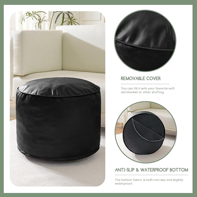 HIGOGOGO Round Stuffed Pouf Ottoman, Pu Leather Poufs with Foam Chunk Filling, Furry and Fluffy Pouf Foot Stool Storage Ottoman, 20 X 15 Floor Poufs Foot Rest for Living Room, Black