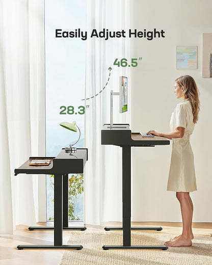 Marsail Electric Standing Desk with Drawers, 48 x 24 Inch Stand Up Desk with Glass Monitor Stand, Height Adjustable Desk with Drawers for Home & Office, 4 Preset Heights, Black Walnut