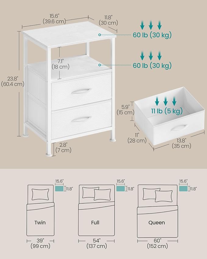 SONGMICS Nightstand, Bed Side Table, End Table with 2 Drawers and 1 Open Shelf, Industrial, Set of 2, Cloud White, BELLAH Collection ULGS062W101S