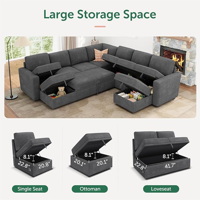 HONBAY Modular Sectional Sleeper Sofa with Pull Out Couch, Corduroy Oversized Sectional Couches Pull Out Bed with U Shaped Sleeper Storage for Living Room - Dark Grey